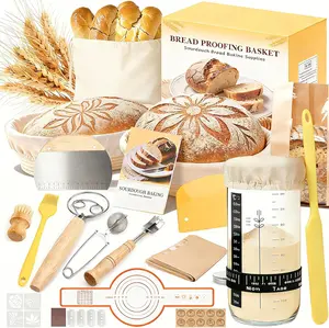 Sourdough Starter Kit with Banneton Proofing Basket Set Round & Oval, Bread Baking Supplies with Jar Sling Dough Whisk Scraper Stencil Baking Kit