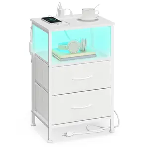 SONGMICS BELLAH Collection-Nightstand with Charging Station and App-Controlled Adjustable LED Lights, Bed Side Table, Bedroom, 2 Drawer and 1 Open Shelf