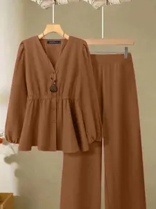 Casual V Neck Long Sleeve Woven Top and Straight Leg Pants Set, Women's Two Piece, Comfortable and Stylish, Perfect for Daily Wear, Everyday Clothes