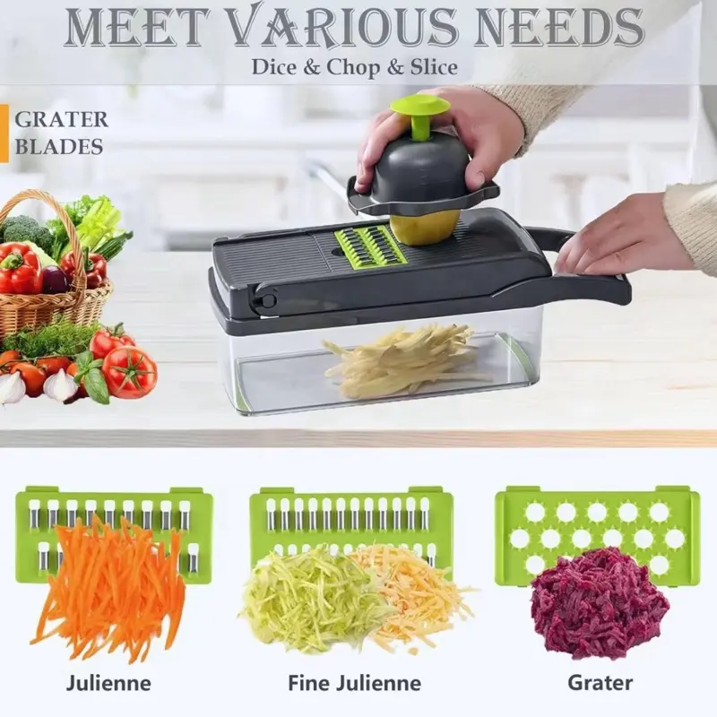 16-in-1 Vegetable Chopper with 8 Blades & 1.5L Container for Onion Salad & Waffle Fries - Durable ABS Plastic & Razor Sharp Blades for Healthy Meals - Kitchen Utensils Cabbage Chopping Multifunctional Rotary Multi-Function