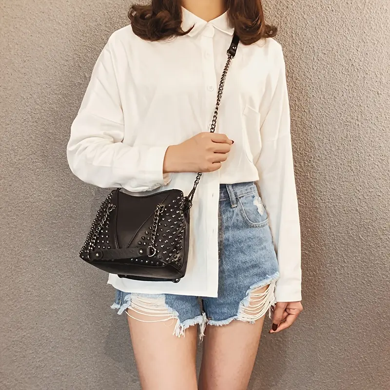 Vintage Style Women'S Handbag with Studs and Chain, Solid Black Messenger Bag with Fixed Shoulder Straps, Zipper Closure, Polyester Lining - 2024 New Model