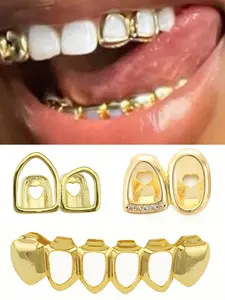 Hollow Hip Hop Teeth Set, Copper Plated Rap Teeth, Unisex Street Style, Hip Hop Rapper Circle, 3 Piece Set, Teeth Kit