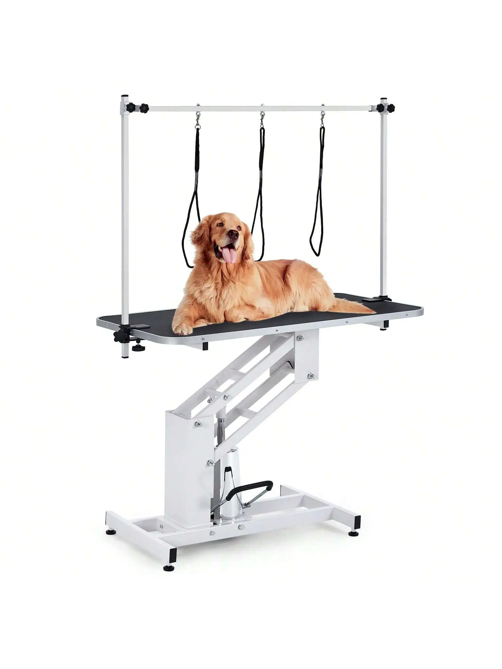 Heavy-Duty Hydraulic Dog Grooming Table (43.3in, 43.6"x23.6") - Steel Frame, 350 lbs Max Load, 22-39in Rapid/Quick Height Adjustments, Adjustable Overhead Arm, Enhanced Stability, Comprehensive Accessories, White Commercial Grooming Supplies for Pros
