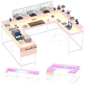 【Christmas Gift】Pink U Shaped Computer Gaming Desk with Power Outlets & USB Ports, LED Strip and Monitor Stand, Reversible L Shaped Desk with Storage Shelves for Home Office