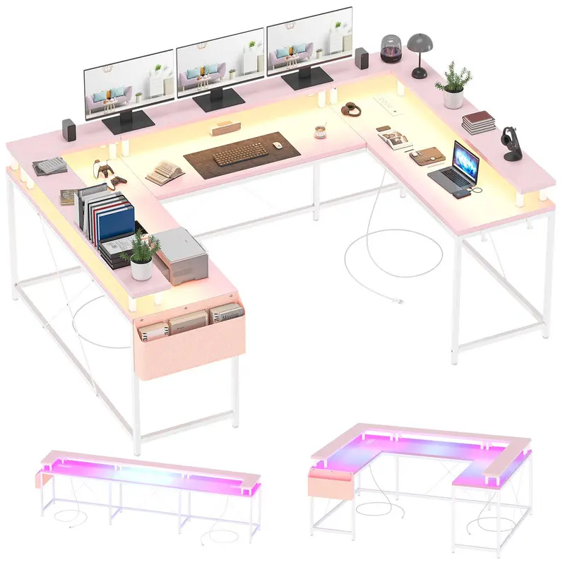 Pink U-Shaped Metal Computer Desk with Metal Legs & Engineered Wood - 600 lbs Load Capacity, Durable, Integrated RGB Lights, Dynamic Modes, Power Outlets, USB Ports, Multi-Monitor Fit Stand, Reversible L-Shaped, Storage Shelves, Gaming & Home Office Use