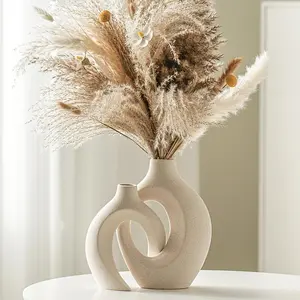 Hollow Ceramic Flower Vase Set of 2, Nordic Modern Bohemian Decorative Pottery Aesthetic, Ideal Home Decor Accessory in Off- W 6.3" X H 8.4"