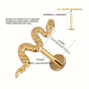 [Hypoallergenic Piercing] Hypoallergenic 16G Snake Piercing Jewelry for Conch, Tragus, Helix | Internally Threaded Nickel Free Flat Back Stud, Labret Body Jewelry, 6mm 8mm 10mm Cartilage Earring