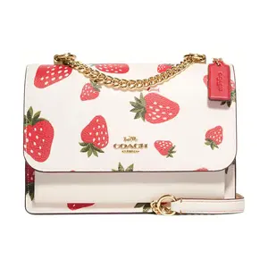 COACH Klare 21 Strawberry Print Leather Pleated Crossbody Bag for Women in White and Red