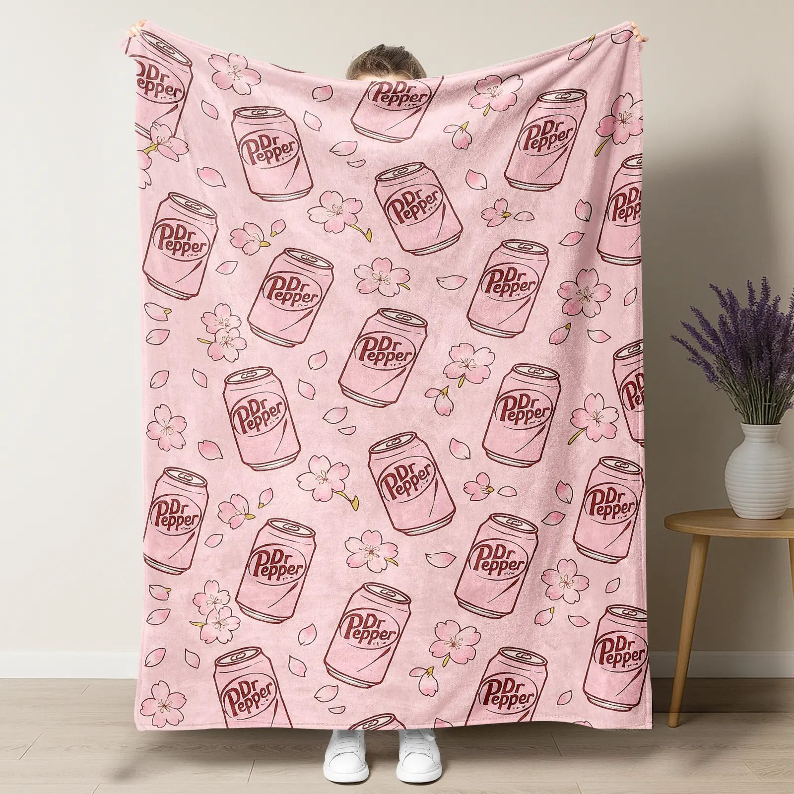 Dr. Pepper Lovely Pink Floral Cherry Blossom Flannel Throw Blanket Sweet Sixties Sips Drpepper Blankets Versatile For Sofa, Bed, Office, Camping- Cozy Nap Blanket