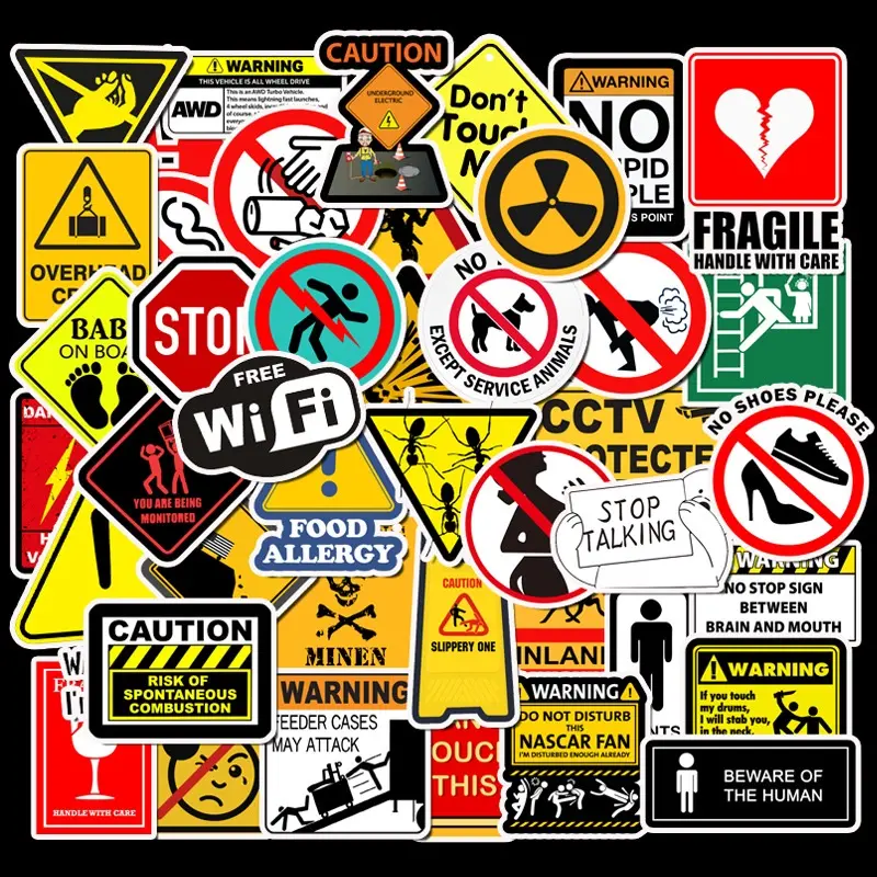 50PCS Warning Stickers Danger Banning Signs Reminder Waterproof Decal Sticker to Laptop Motorcycle Luggage Phone Snowboard Sticker Decals