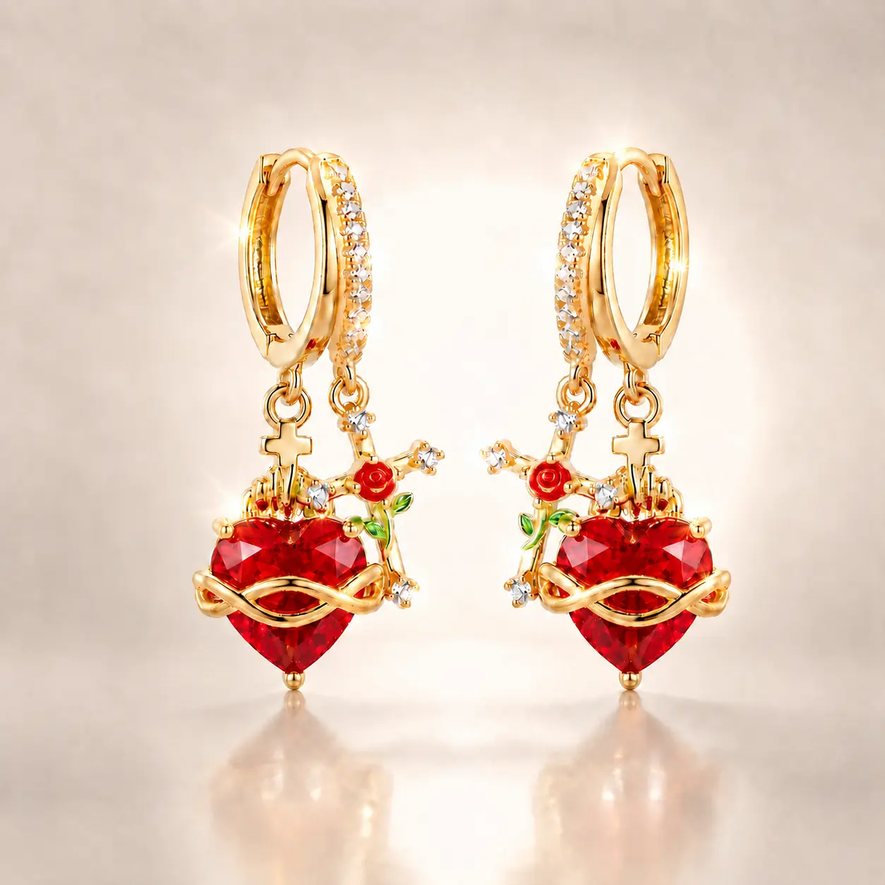 Women's 18K Gold-Plated Red Heart Dangling Earrings, Cross Motif with Sparkling Zircons, Lightweight Elegant Statement Jewelry, Valentine’s Day Gift for Daily Wear