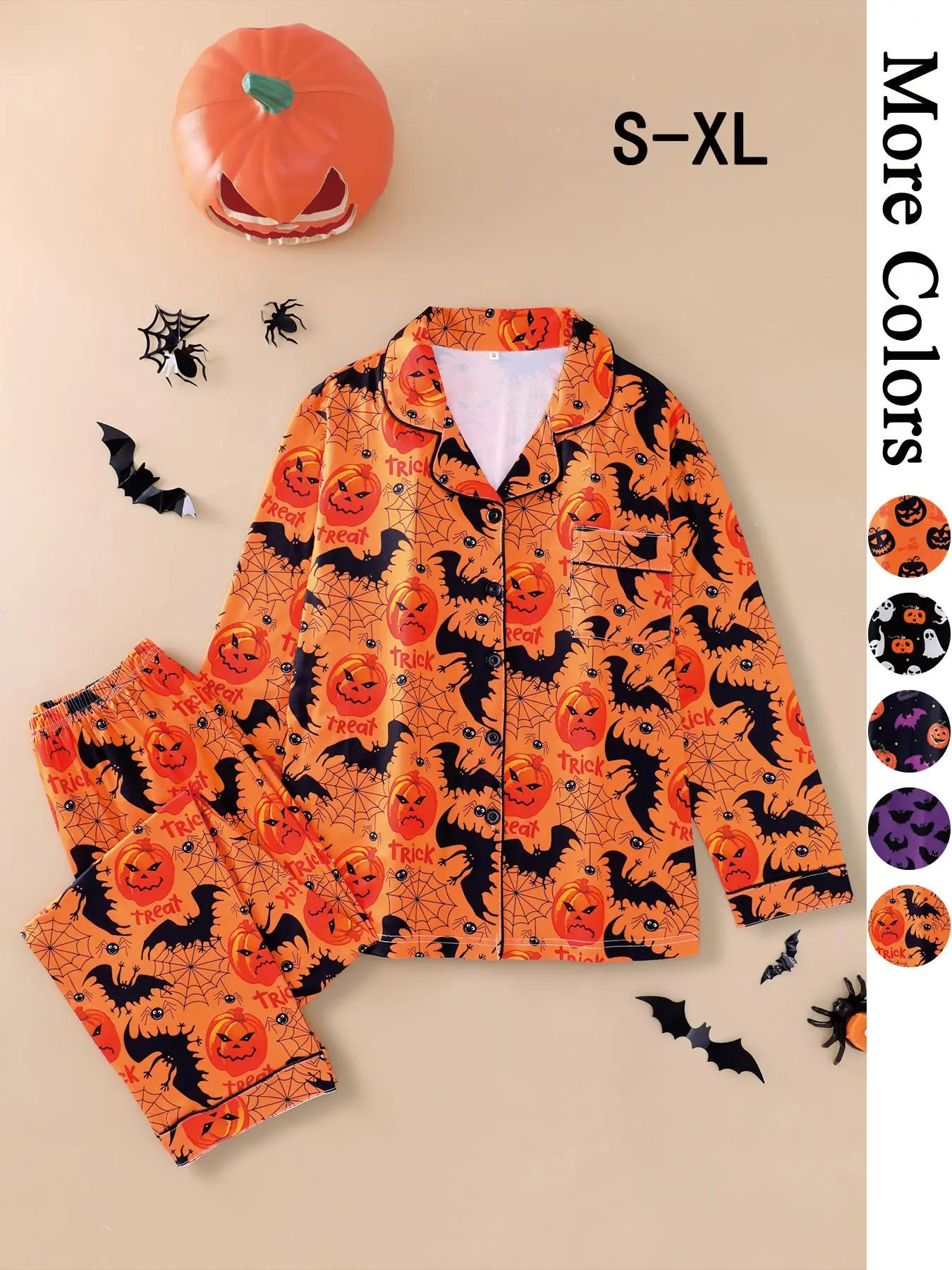 Women's Halloween Themed Pumpkin Print Pajama Two-piece Set, Casual Comfortable Longsleeves Lapel Neckline Button Pajama Set, Ladies Sleepwear & Loungewear for All Seasons, Pjs, Casual Pajama Sets