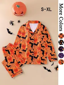 Women's Halloween Themed Pumpkin Print Pajama Two-piece Set, Casual Comfortable Longsleeves Lapel Neckline Button Pajama Set, Ladies Sleepwear for All Seasons, Pjs, Casual Pajama Sets