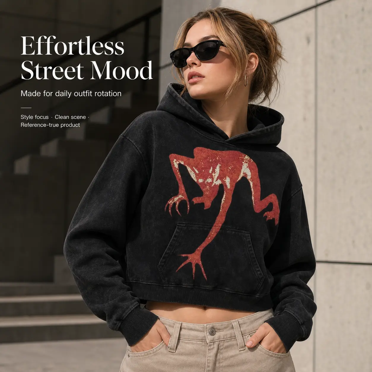 Vintage Washed Cropped Monster Creature Graphic Hoodie Unisex Loose Drawstring Pullover, Plus Size S-6XL Streetwear Hooded Sweatshirt With Kangaroo Pocket For Winter Casual Outfits
