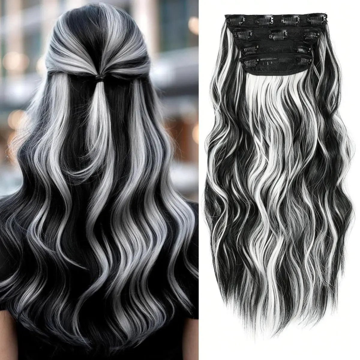 4Pcs Clip in Hair Extensions, Long Wavy Synthetic Hair Extension Clip in, 20 Inches Invisible Seamless Hair Extensions for Women enhances volume festival use full head coverage thick double weft