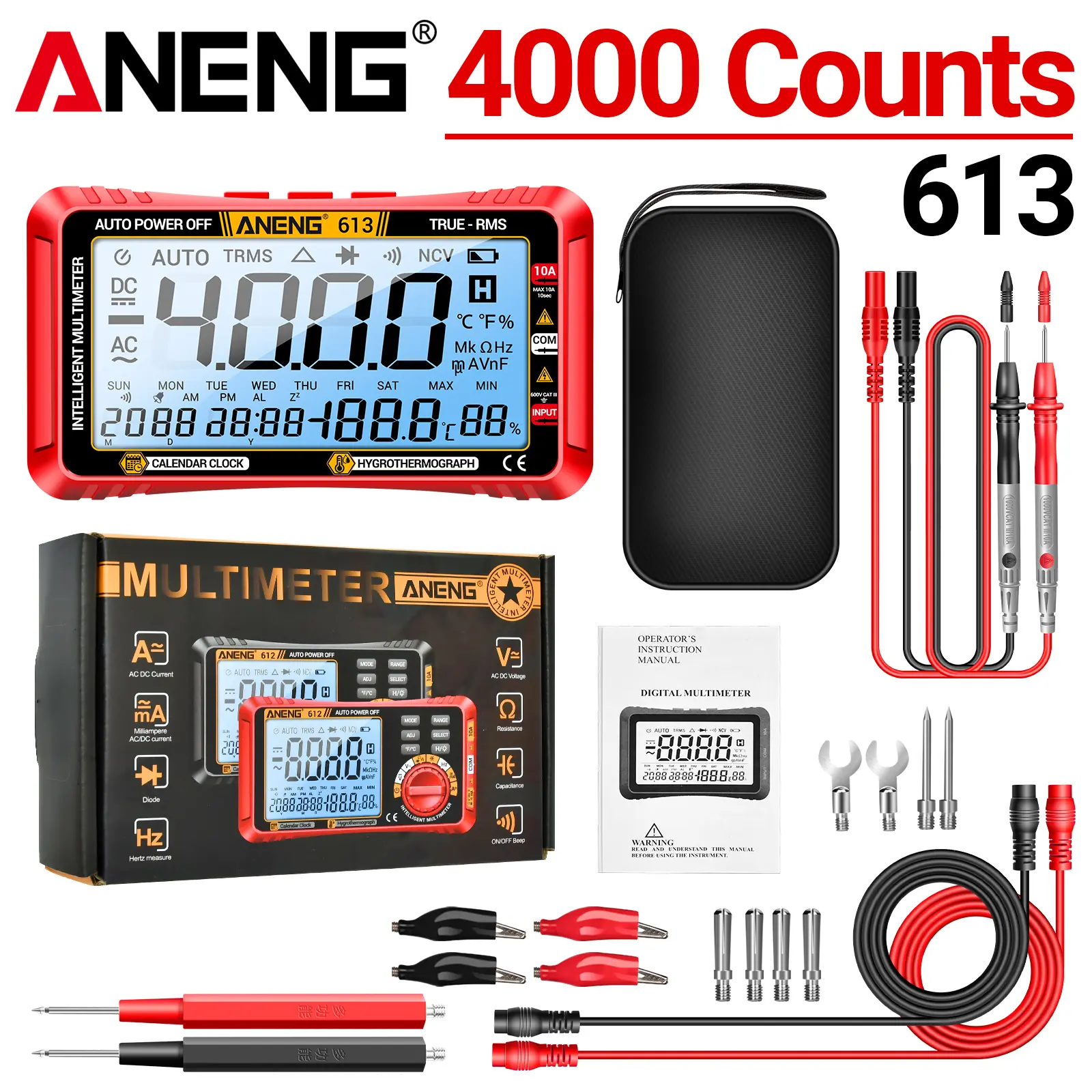 ANENG 613 3-in-1 Smart Touchscreen True RMS Multimeter – 4000-count, backlit display, foldable stand, voltage tester, ideal for electricians, home DIY and circuit testing