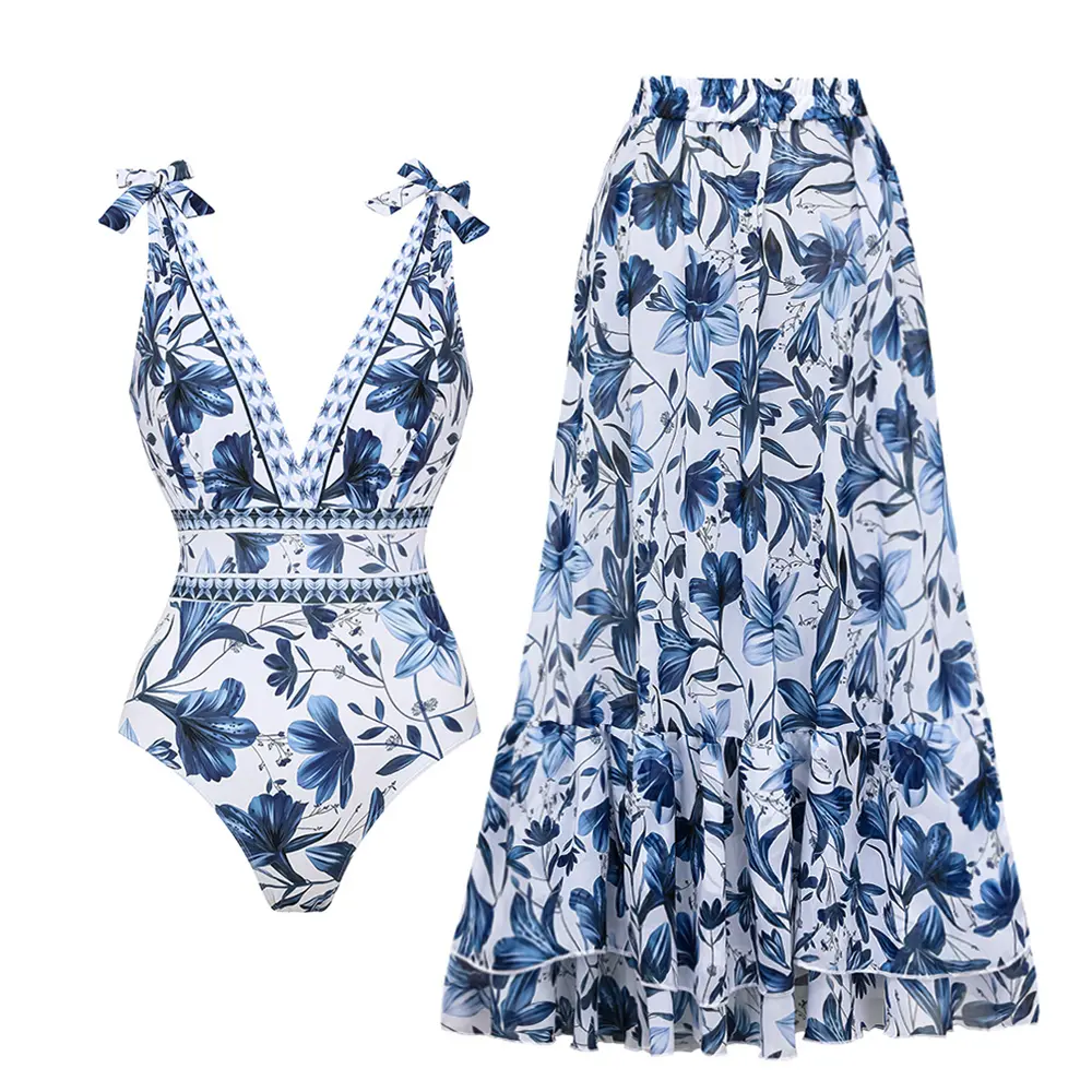 FLAXMAKER Women's V Neck Blue Print Bow Strap Non Adjustable One Piece Swimsuit and Matching Cover Skirt Set Summer Swimdress Swimming White Bathing Suit Stylish Beachwear swimsuits 2026 women #TikTokShopStockUp #SwimWeek #Summervibes tiktokshopbacktoscho