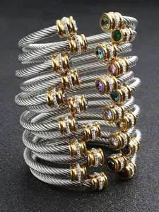 Unisex Casual Fashion Stainless Steel Birthstone Cuff Bracelet, Rhinestone Design, Zinc Alloy Chain, All Seasons Wear, Rhinestone Decor Bangles