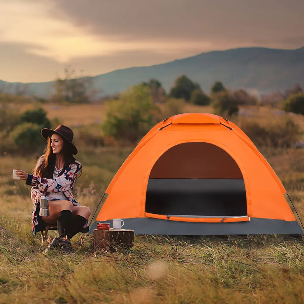 1-Person Orange Waterproof Dome Camping Tent, Quick Setup Lightweight Portable Outdoor Hiking Shelter With Breathable Mesh Window, Windproof Rain Resistant Single Backpacking Tent With Carry Storage Bag For Beach Park Travel Camping Trip