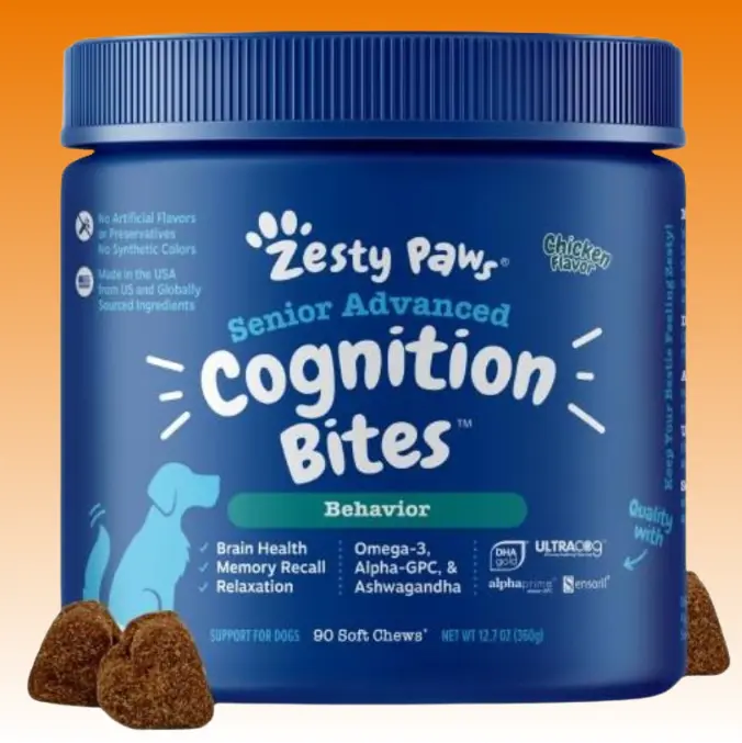 Zesty Paws Senior Advanced Cognition Bites for Senior Dogs Soft Chew Relief Treats Brain Support Natural 90 Chews 12.7oz Natural