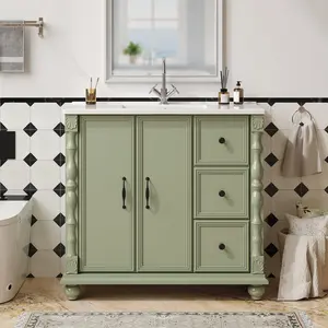 【SPRING GLOW UP】ONBRILL Modern 36-inch Bathroom Vanity with Integrated Ceramic Sink 4 Solid Wood Legs 2 Drawers 2 Doors Freestanding Storage Cabinet for Farmhouse Rustic Minimalist Homes