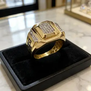 Powerful Men’s Gold-Tone Pave Diamond Accent Ring Bold Hexagon Design Stainless Steel Band Statement Jewelry for Modern Gentlemen
