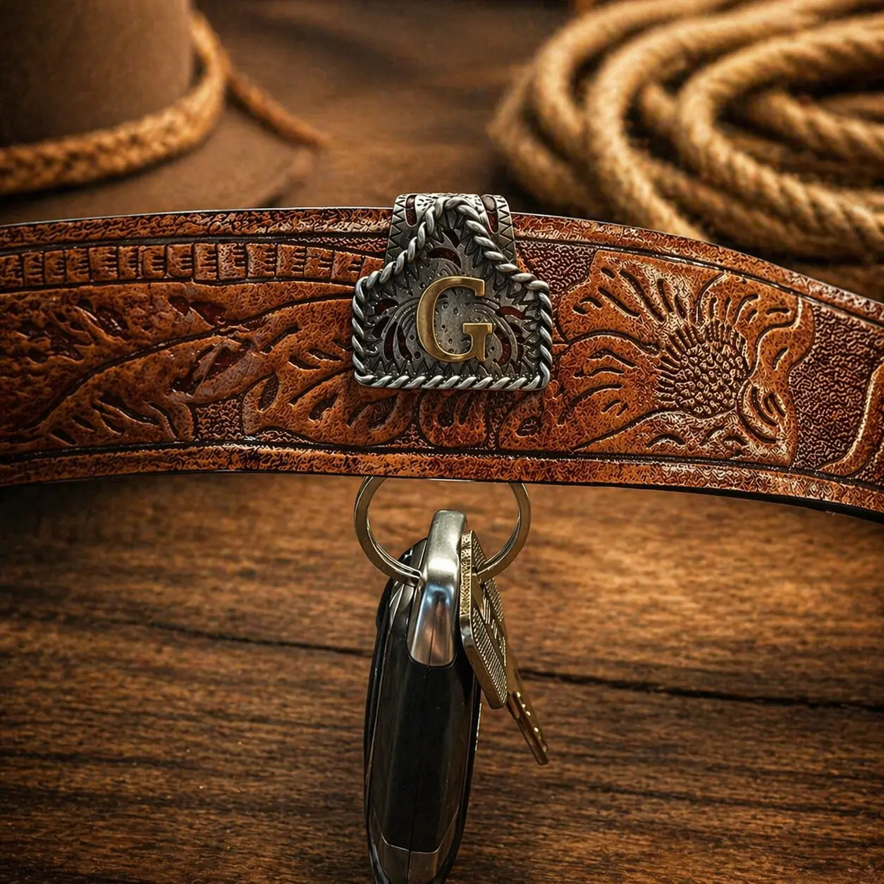 Handmade Cow Tag Belt Key Holder with Copper Initial – Custom Western Keychain for Men & Women, Texas-Inspired Cowboy Keychain, Fashion Accessory for Bags, Keys & Gifts
