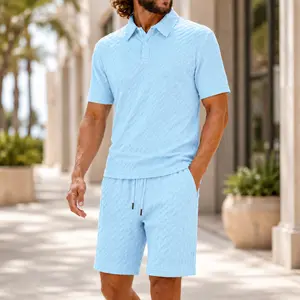 Men’s 2-Piece Textured Knit Polo Short Set - Plain Casual Summer Outfit with Adjust-Fit, Colored, Patterned Drawstring Shorts for Vacation, Daily Wear (Menswear Clothing Set), Colored Men's Shorts, Patterned Men's Shorts