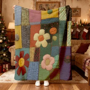 1pc Floral Patchwork Quilt Soft Lightweight Polyester AllSeason Bedspread, 250300gsm Contemporary Geometric Design with Vibrant Mixed Colors, Home Decor Accent for Bedroom & Livin, Floral Coverlet Bedding