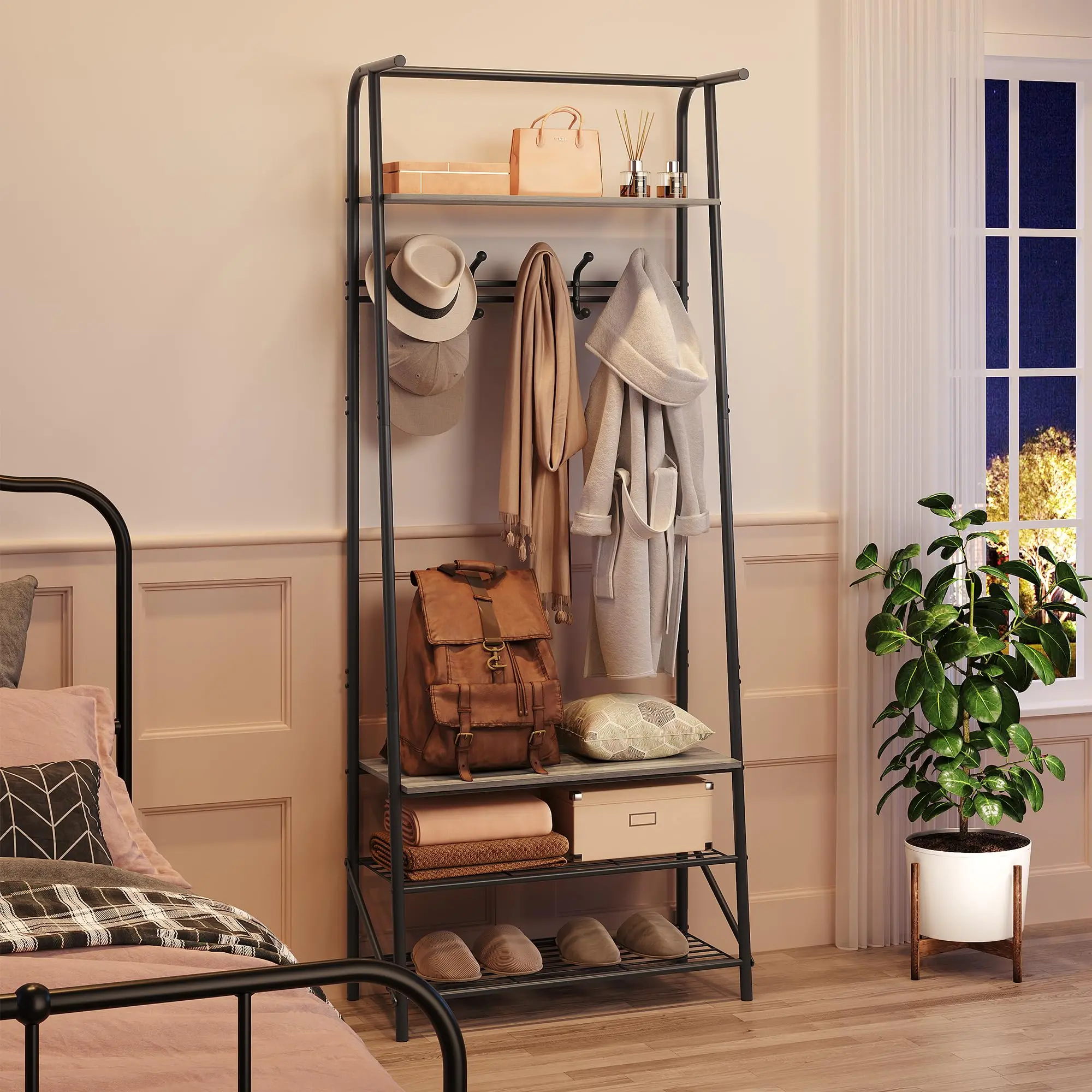Garvee 4-In-1 Hall Tree Coat Rack and Shoe Bench with 5 Hooks and 4-Tier Shelf, Metal Frame with Wood Look, Multifunctional Entryway Organizer and Storage Bench for Hallway and Bathroom