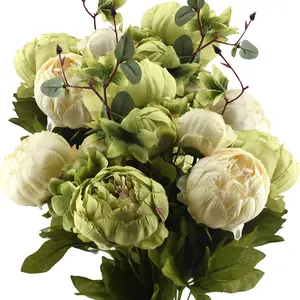 1pc Artificial Peony Bouquets, Cream Beige & Moss Green Silk Flower Bundles for Wedding Centerpieces & Home Decor – Vintage Peonies