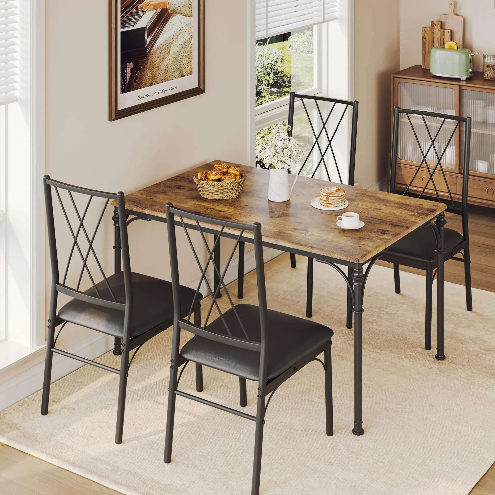 Garvee 5-Piece Space-Saving Dining Table Set for 4 with Bench, Featuring Modern Wood and Metal Rectangular Table and Chairs, Ideal for Dining Rooms and Breakfast Nooks in Small Spaces and Apartments