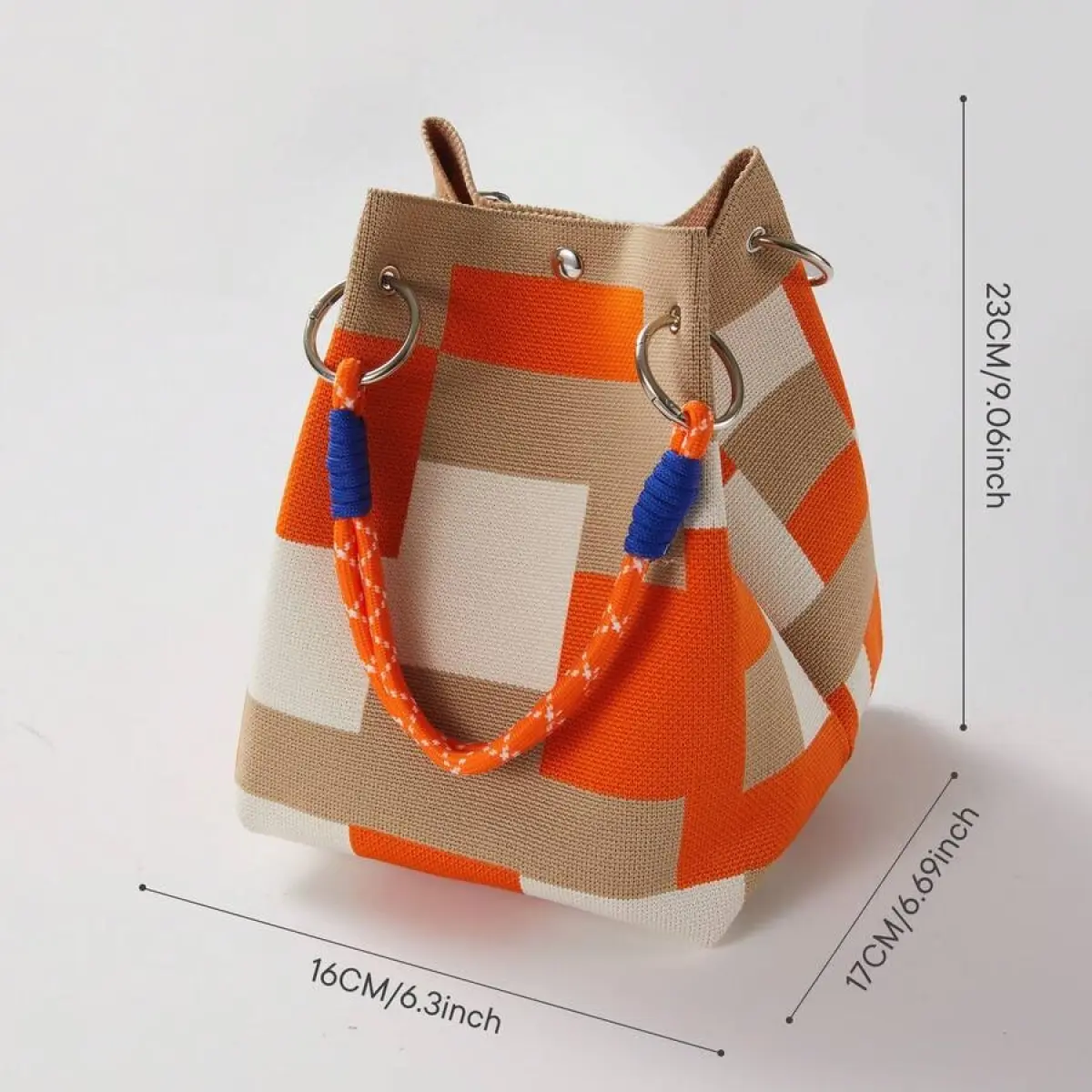 Women's Boho Geometric Plaid Crocheted Bucket Bag - Small Capacity Fabric Tote with Detachable Strap, Casual Crocheted Women's Handbag for Travel & Daily Use (23*17*16cm), Crocheted Women's Handbags