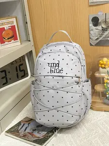 Lightweight Polka Dot Print Backpack, Casual Nylon Student Commuter Bag, Large Capacity Multi-Pocket Sports Bookbag, Daily Use