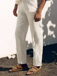Men's Solid Straight Leg Linen Pants, Regular Fit Casual Comfy Breathable Trousers for Daily Wear, Men's Bottoms for Summer, Loose Wideleg Trousers, Wide Legged Pants, Loose Fitting Trousers