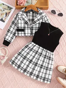 Two-piece Set Girls Plaid Print Lapel Neck Blazer & Sleeveless Tank Dress Set, Fashion Outfits for Daily Outdoor Wear, Girls Fancy Dress, Formal Co-ord Sets, Fine Girls Outfit, Matching Outfits Set, Fashion Style Sets