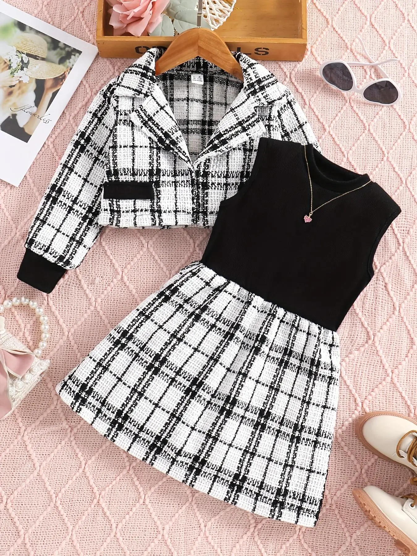 Two-piece Set Girl's Plaid Print Lapel Neck Blazer & Sleeveless Tank Dress Set, Elegant Fashion Outfits for Daily Outdoor Wear, Formal Girls Clothing