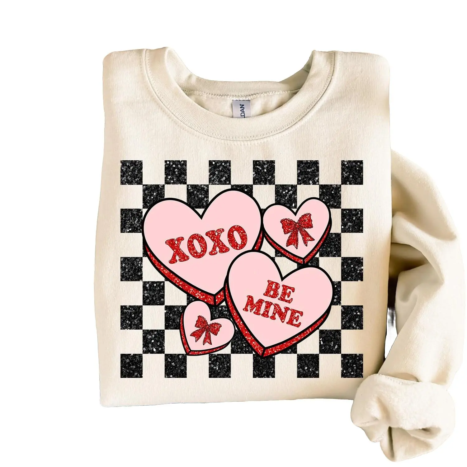 Glitter Valentines Sweater, Retro Valentines And Heart Candy Sweatshirt, Checkered Valentines Sweater, XOXO, Vintage Graphic Apparel