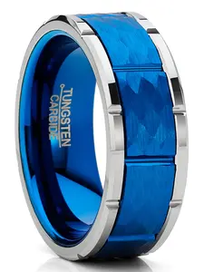 Men Tungsten Blue Wedding Band Hammered Ring Comfort-Fit 8MM Silvertone