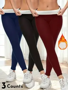 Women's Solid High Waist Thermal Lined Sports Leggings, Shaping Leggings, High Waisted Legging, Legging Fitness, Casual Comfy Warm Skinny Pants for Yoga Gym Workout Running, Ladies Fall & Winter Bottoms, Athleisure Bottoms, High Waist Activewear
