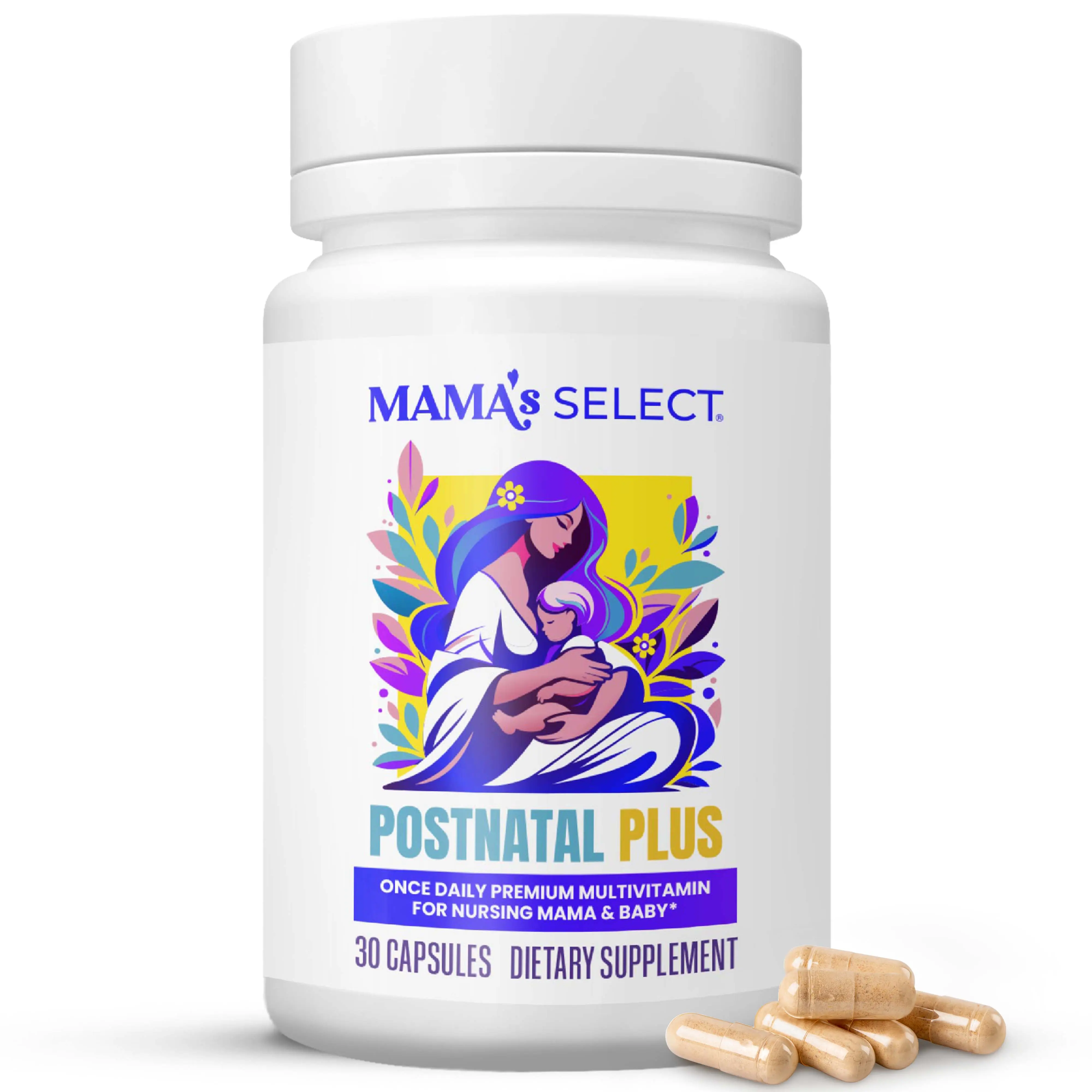 Mama's Select Postnatal Plus Multivitamin for Breastfeeding Moms - Vegan, Allergen-Free Postpartum Supplement to Restore Nutrients, Boost Milk Supply & Support Hair Health with Methylated B Vitamins, 30 Capsules
