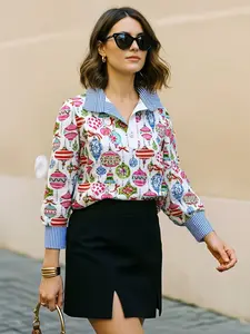 Womens Festive Ornament Print V Neck Blouse Long Sleeve Spring Office Shirt Elegant Casual Work Top for Easter Brunch St Patricks Day Outfit