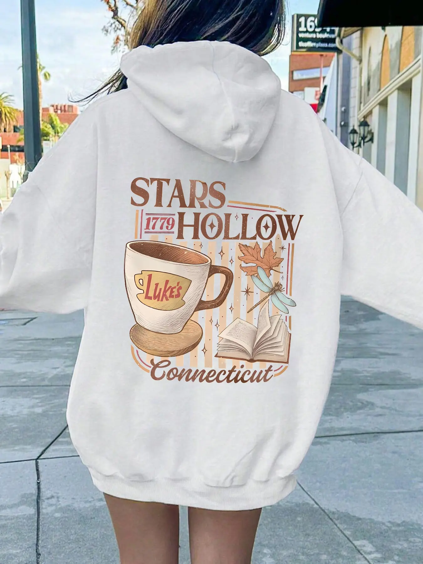 Vintage Style Graphic Stars Hollow Quality Hoodie, Luke's Coffee & Connecticut Design, Vintage Soft Hoodie, Gilmore Girls Nostalgia, Casual Fitted Long Sleeve Drawstring Women's Hoodie Sweatshirts Tops Womenswear