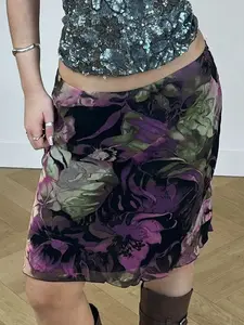 Vintage Print Midi Skirt Y2K Low Waist Mesh Layered Bodycon Grunge Spring Summer Bohemian Style Women's Fashion