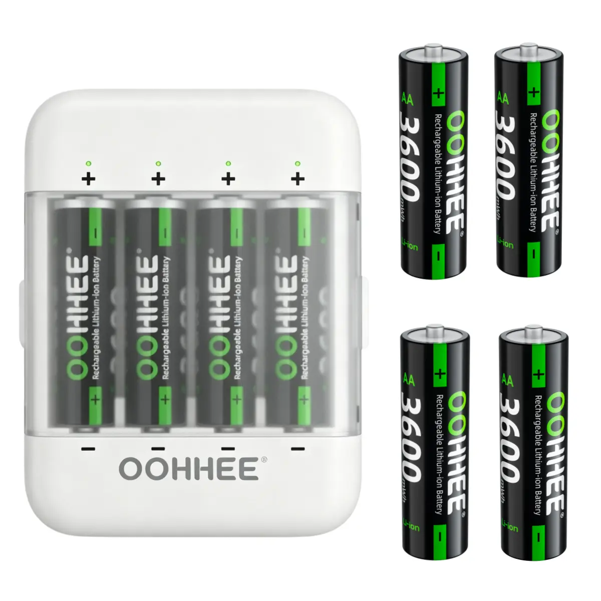 OOHHEE White 8x AA Lithium Rechargeable Batteries (3600mWh, 1.5V) with 4-Slot Fast Charger, LED Status Indicator, Storage Box, AA Battery Pack for Gamepads/VR