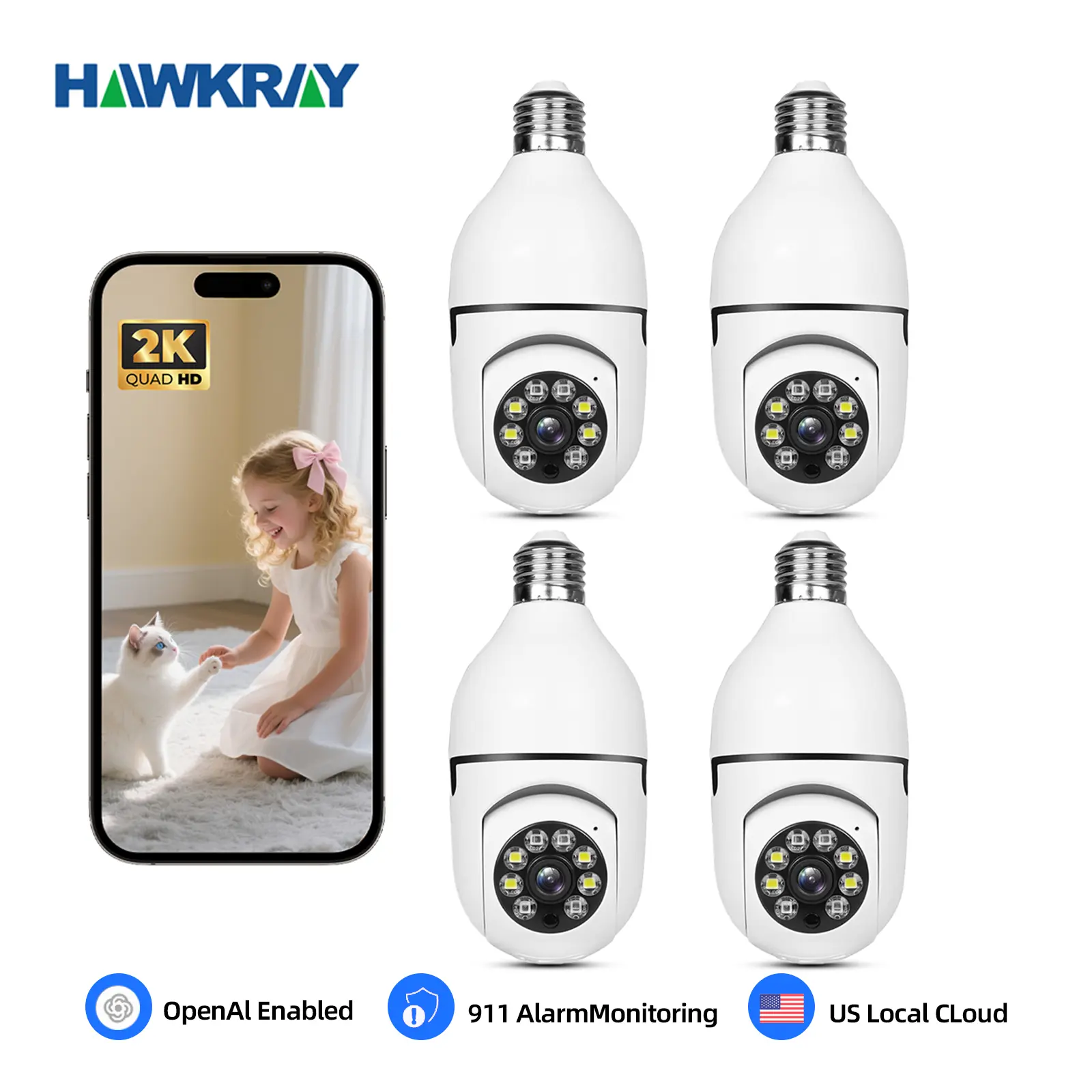 Hawkray AI-Powered Home Security Camera System - Smart Home Gadgets, 1-Key Automatic Alarm Alert, 911 Alarm Monitoring, Face Recognition, Mobile Tracking, Day-Night Full Color, Easy Installation, Safety Cord