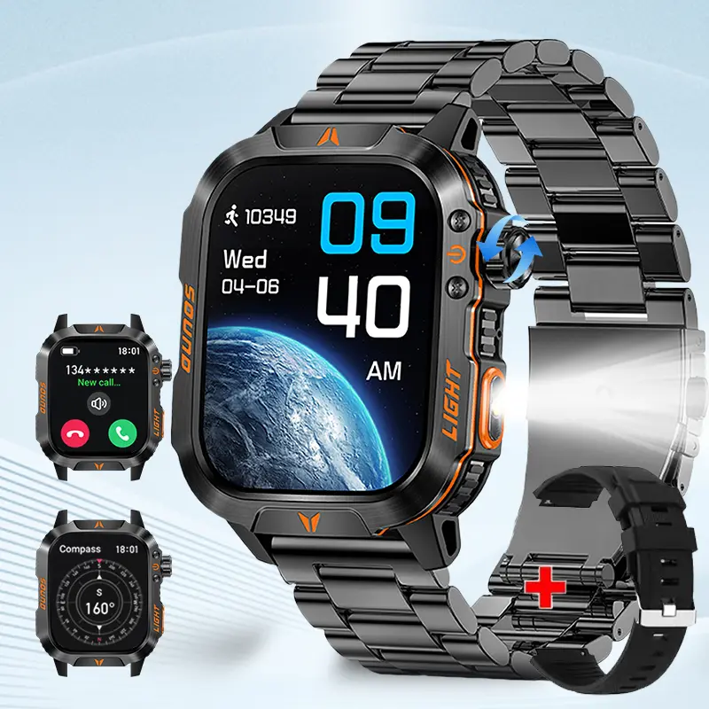 2026 Outdoor-Style Smartwatch with 2.01-inch IPS Screen LED Lighting Wireless Call Sports Modes Calorie Tracker Compass Weather Alerts Men's Gift