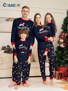 Christmas Family Pajama Set, Full Print Santa Hat Cane Candy Wintergreen Elements, Comfortable Skin-Friendly Home Wear, Unisex