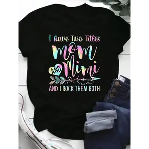 Women's 100%25 Mimi Graphic T-Shirt - "I Have Two Titles Mom and Mimi" Fun Printed Design, Short Sleeve Round Neck Casual Tee for Casual Attire