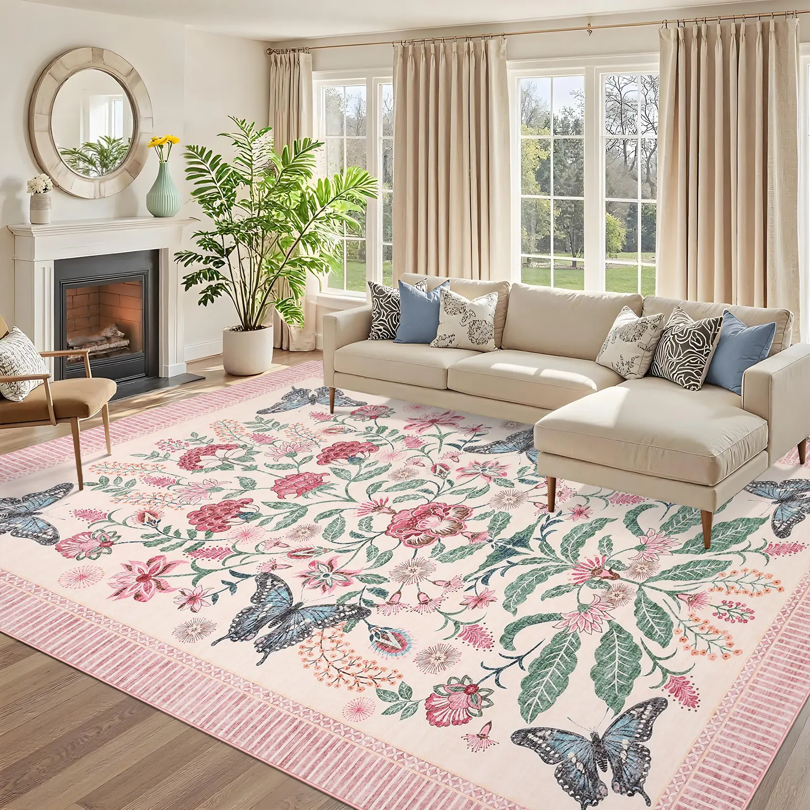 Washable Floral Area Rugs for Living Room, Soft Botanical Bedroom Rug, Indoor Farmhouse Non Slip Low Pile Large Indoor Floor Rug for Dining Room, Ultra Thin Modern Throw Carpet for Girls Room Home Decor